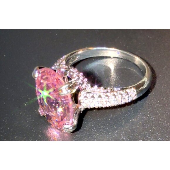 Stunning Sterling Silver Ring With Large Pink Oval Cubic Zirconia & Pave Band - Picture 7 of 8